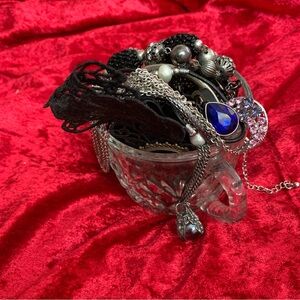 Curated Gothic Glam Jewelry Jar Black, Silver, Pearls dark academia grunge y2k